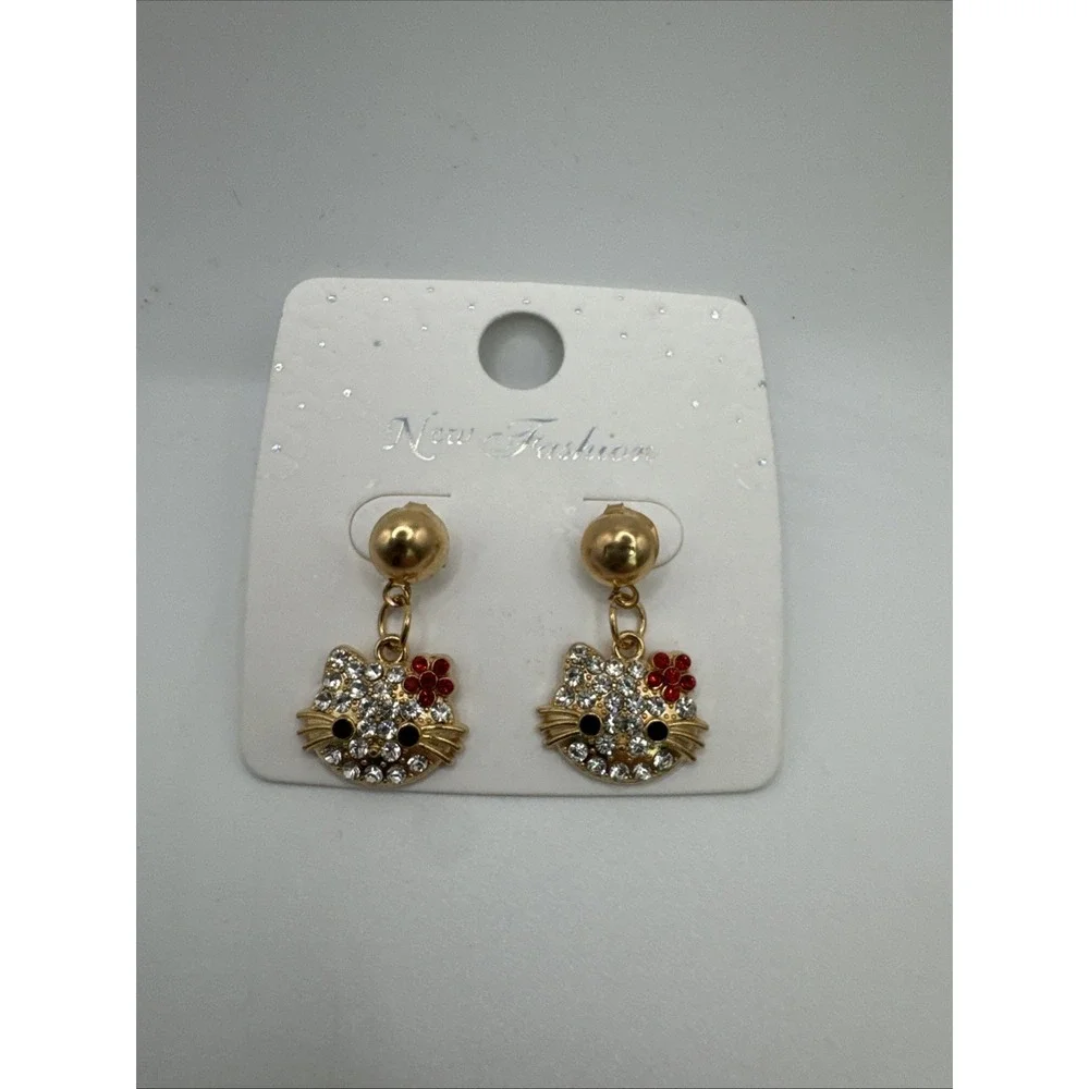 HELLO‎ KITTY Gold-Tone Rhinestone Dangle Earrings NEW